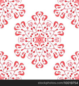 Hand drawn watercolor artistic snowflake Red ornamental damask. Can be used as a Christmas card or background, fabric and ceramic tiles, tableware. Red seamless ornamental watercolor arabesque paint tile pattern for fabric