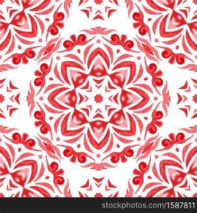 Hand drawn watercolor decorative pattern on a white background. Red ornamental damask. Can be used as a Christmas card or background, fabric and ceramic tiles, tableware. Red seamless ornamental watercolor arabesque paint tile pattern for fabric and ceramics