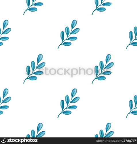 Hand drawn watercolor floral seamless pattern with blue branch on a white background