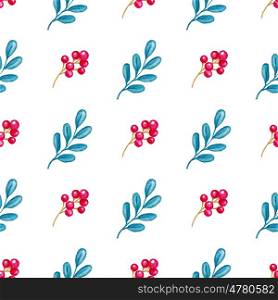 Hand drawn watercolor floral seamless pattern with branch and red berry on a white background