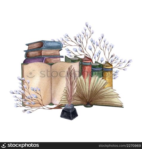 Hand Drawn watercolor illustration a pile of old books, ink bottle, ink pen, floral twig, open book. Antique objects. Old and rare books together with artifacts.. Hand Drawn watercolor illustration a pile of old books, ink bottle, ink pen, floral twig, open book.