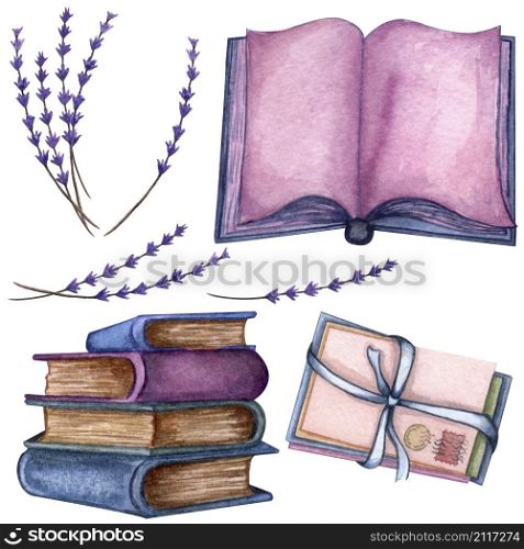 Hand Drawn watercolor illustration. a pile of old books, lavender twig, open book, love letters. Violet colors. Hand Drawn watercolor illustration. a pile of old books, lavender twig, open book, love letters.