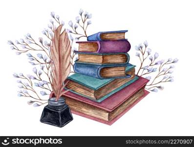 Hand Drawn watercolor illustration a pile of old books with ink bottle and feather, floral twig. Antique objects. Old and rare books together with artifacts.. Hand Drawn watercolor illustration a pile of old books with ink bottle, feather floral twig.