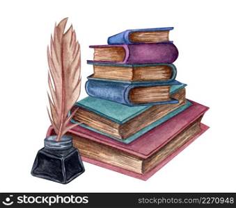 Hand Drawn watercolor illustration a pile of old books with ink bottle and feather. Antique objects. Old and rare books together with artifacts and candles. Hand Drawn watercolor illustration a pile of old books with ink bottle and feather.