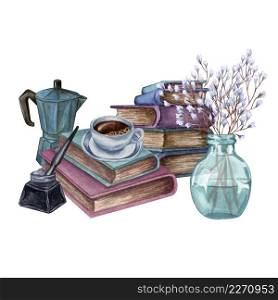 Hand Drawn watercolor illustration. A pile of old color books, ink bottle, ink pen, floral twig in a vase, coffee maker, cup of coffe.