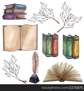 Hand Drawn watercolor illustration. Set with a pile of old books, ink bottle, ink pen, floral twigs, open book, feather. Antique objects. Old and rare books together with artifacts.. Hand Drawn watercolor illustration. Set with a pile of old books, ink bottle, ink pen, floral twigs, open book, feather.