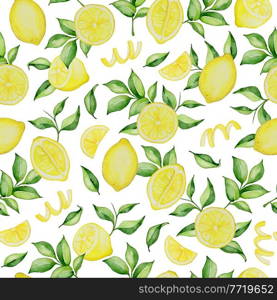 Hand drawn watercolor seamless pattern with lemons and green leaves on a white background