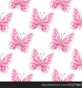 Hand drawn watercolor seamless pattern with pink butterflies on a white background
