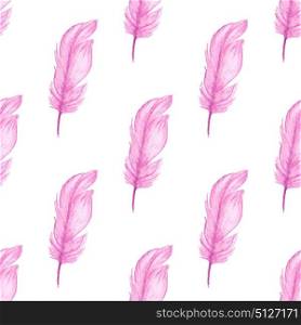 Hand drawn watercolor seamless pattern with pink feathers on a white background