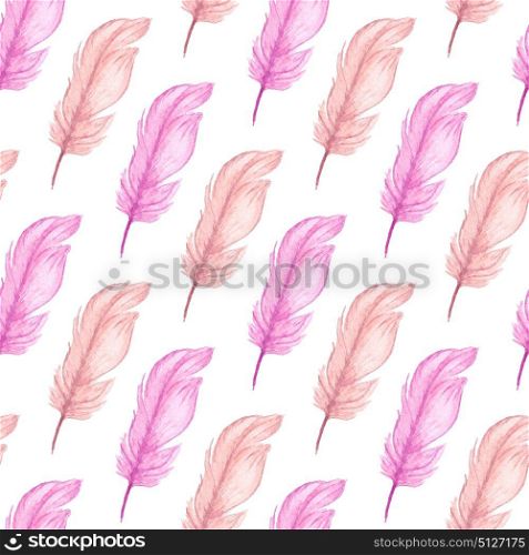 Hand drawn watercolor seamless pattern with pink feathers on a white background