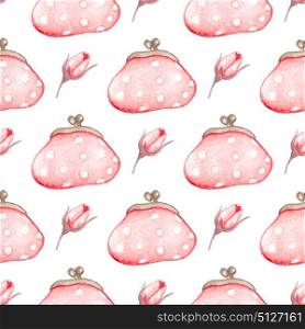 Hand drawn watercolor seamless pattern with pink handbag on a white background