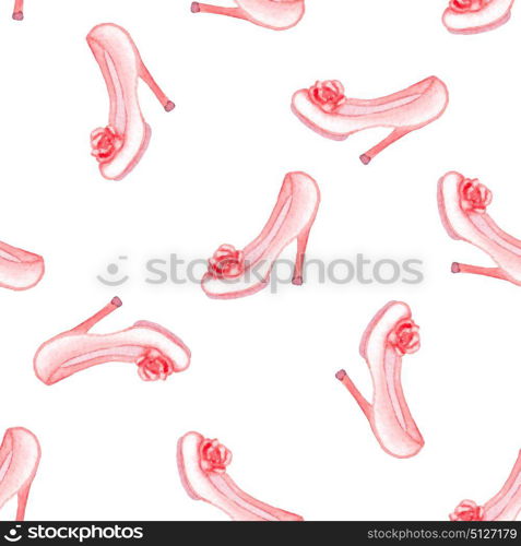 Hand drawn watercolor seamless pattern with pink shoes on a white background