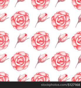 Hand drawn watercolor seamless pattern with red roses on a white background