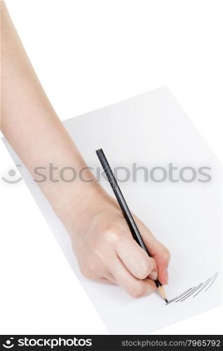 hand draws by black pencil on sheet of paper isolated on white background
