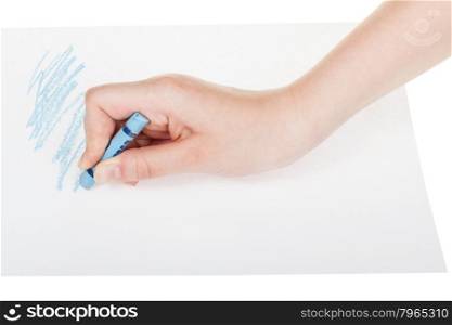hand draws by blue chalk on sheet of paper isolated on white background