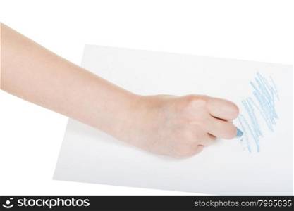 hand draws by blue dry pastel on sheet of paper isolated on white background
