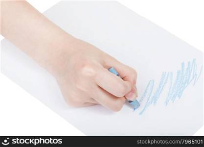 hand draws by blue pastel on sheet of paper isolated on white background