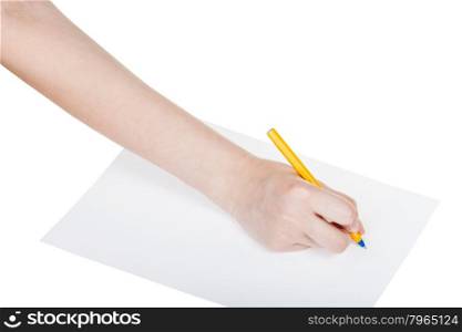 hand draws by blue pen on sheet of paper isolated on white background