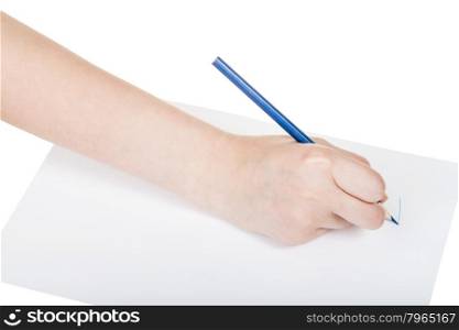 hand draws by blue pencil on sheet of paper isolated on white background