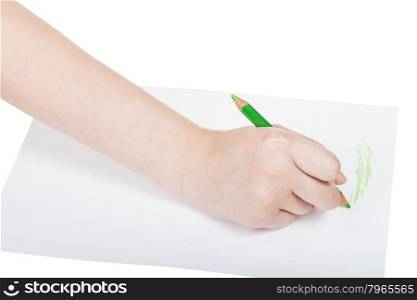 hand draws by green pencil on sheet of paper isolated on white background