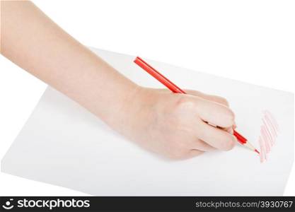 hand draws by red pencil on sheet of paper isolated on white background