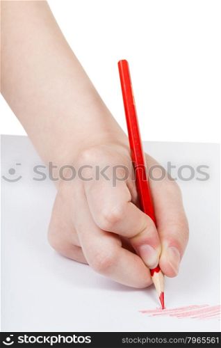 hand draws by simple red pencil on sheet of paper isolated on white background