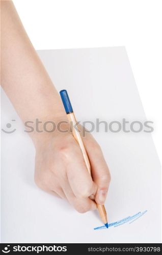 hand draws by wooden blue pencil on sheet of paper isolated on white background
