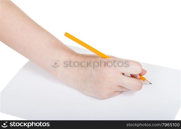 hand draws by wooden lead pencil on sheet of paper isolated on white background