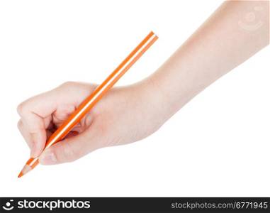 hand draws by wooden orange pencil isolated on white background