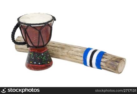 Hand drum and wooden rainstick filled with pebbles and grains to make a sound similar to rain falling - path included