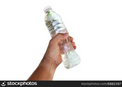 hand for bottle of water on white background
