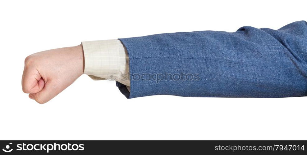hand gesture - man in business suit punches isolated on white background