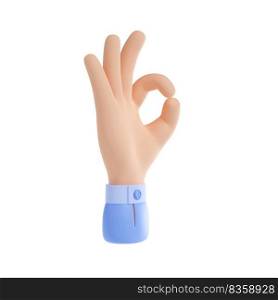 Hand gesture of ok sign. Icon with human arm with fingers showing zero, symbol of good, okay, perfect, yes and positive, 3d render illustration isolated on white background. 3d hand gesture of ok sign, symbol of good