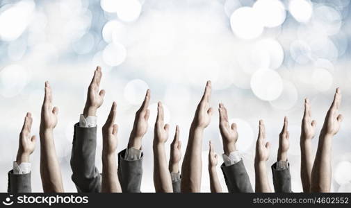 Hand gestures in arow. Group of people with hands up showing gestures