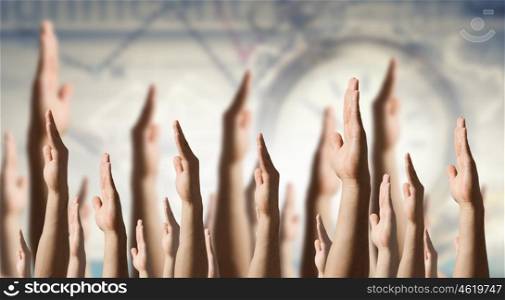 Hand gestures in arow. Group of people with hands up showing gestures