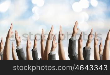 Hand gestures in arow. Group of people with hands up showing gestures