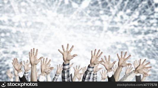 Hand gestures in arow. Group of people with hands up showing gestures