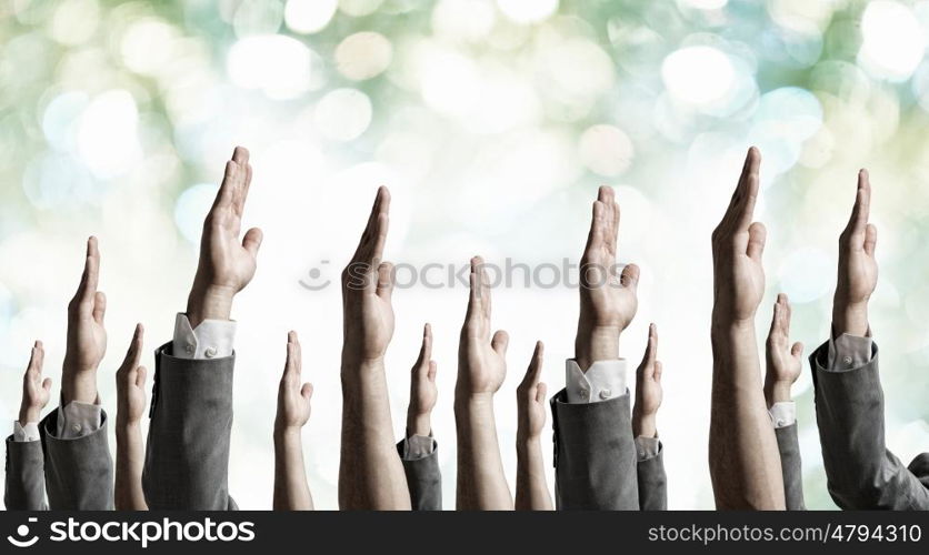 Hand gestures in arow. Group of people with hands up showing gestures