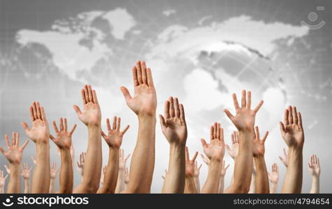 Hand gestures in arow. Group of people with hands up showing gestures