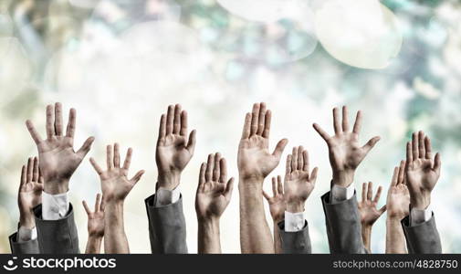 Hand gestures in arow. Group of people with hands up showing gestures