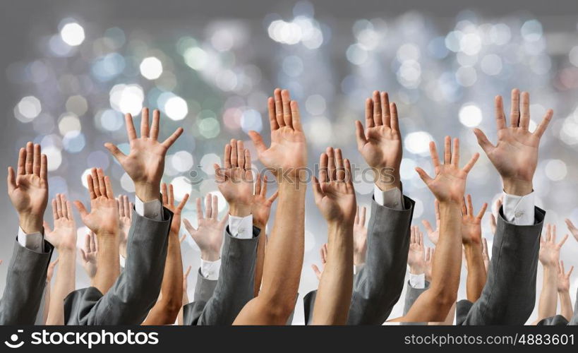 Hand gestures in arow. Group of people with hands up showing gestures