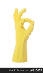 Hand gesturing with pink cleaning product glove - yellow on white