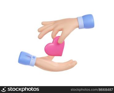Hand give heart into open palm. Concept of charity, health care, love, hope, medical insurance, Valentine day romantic gift, 3d render illustration isolated on white background. Hand give heart into open palm