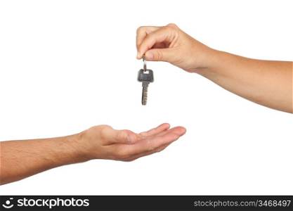 Hand giving a key isolated on white background