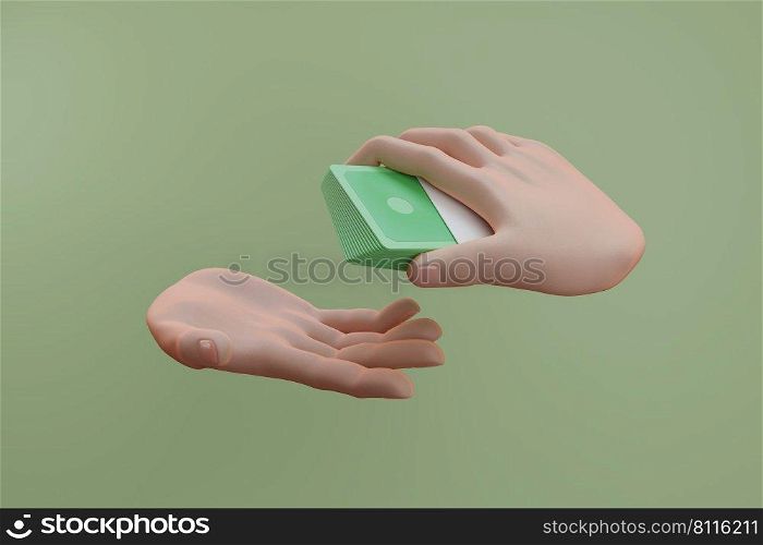 hand giving and receiving cash bundle banknote money payment or investment concept 3D rendering illustration