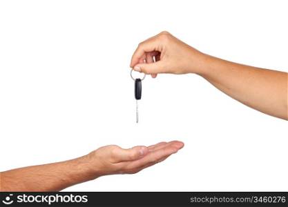 Hand giving car keys isolated on white background