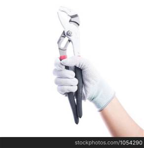 Hand gloves holding pliers. Isolated on white background