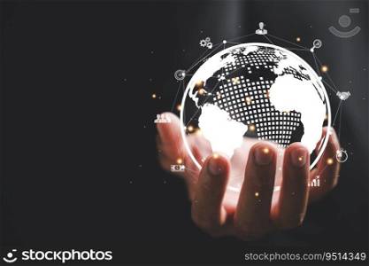 Hand grasps a virtual Global Internet connection metaverse, symbolizing integration of business, technology, digital marketing. financial banking domains, highlighting digital link tech and big data.