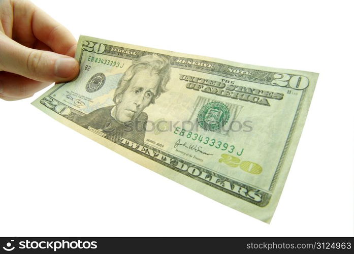 Hand hold 20 bill on white background