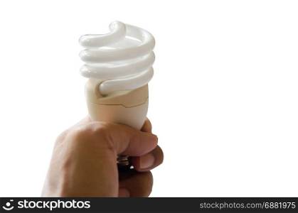 Hand hold Energy saving lightbulb on white background.